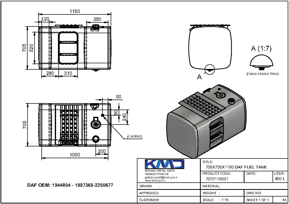 DAF Basamaklı Aluminyum Yakıt Deposu 705X705X1190 - 490L - 2250677 - Görsel 2